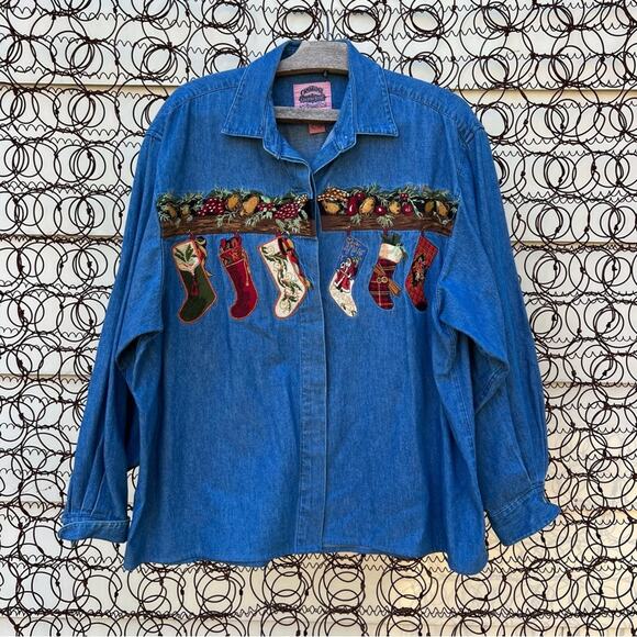 Vintage 90s Rustic Americana Cowboy Christmas Embroidered chambray Shacket shirt - Picture 1 of 7